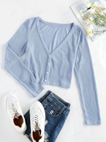 ZAFUL Ribbed Knit Crop Cardigan L Pastel blue
