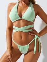 ZAFUL Ribbed Knot Crisscross Wrap-tie Tanga Bikini Swimwear L Light green