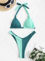 ZAFUL Ribbed Knotted Two Tone High Cut Bikini Swimwear S Green
