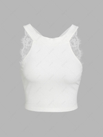 ZAFUL Ribbed Lace Insert Bowknot Crop Tank Top Xl White