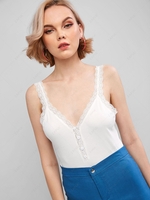 ZAFUL Ribbed Lace Insert Button Embellished Tank Top L Milk white