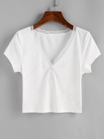 ZAFUL Ribbed Lace Insert Buttons Crop T Shirt Xl White
