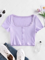 ZAFUL Ribbed Lace Insert Mock Button T Shirt S Light purple