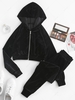Zip Up Velvet Pocket Two Piece Pants Set Xl Black