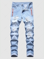 Zipper Embellishment Light Wash Ripped Jeans 40 Light blue