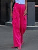 Zipper Fly Drawstring Hem Cargo Wide Leg Pants S Red
