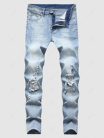 Zipper Fly Frayed Distressed Jeans 36 Light blue
