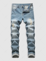 Zipper Fly Pockets Ripped Casual Jeans 40 Light blue