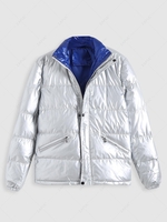 Zipper Pockets Zip Up Padded Puffer Jacket S Silver