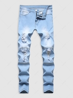 Zipper Ripped Pockets Button Casual Jeans 36 Light blue