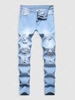 Zipper Ripped Pockets Button Casual Jeans 38 Light blue