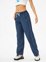 Zippered Drawstring Straight Pants M Deep blue