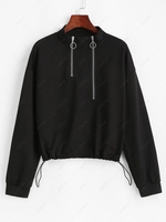 Zippered Front Toggle Drawstring Hem Sweatshirt Black