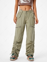 Zippered Low Rise Cinched Cargo Pants L Light coffee