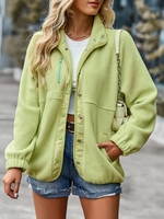 Zippered Pockets Snap Button Fluffy Teddy Jacket Xl Green