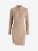 Zippered Ribbed Slit Long Sleeve Slinky Dress M Light coffee