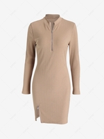 Zippered Ribbed Slit Long Sleeve Slinky Dress M Light coffee
